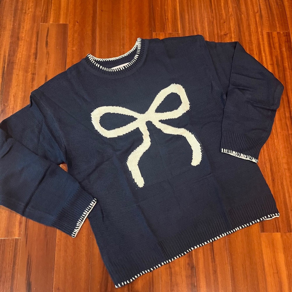 Blue White Bow Sweater Navy Miss Sparkling Knit Crew Neck Long Sleeve New Size M